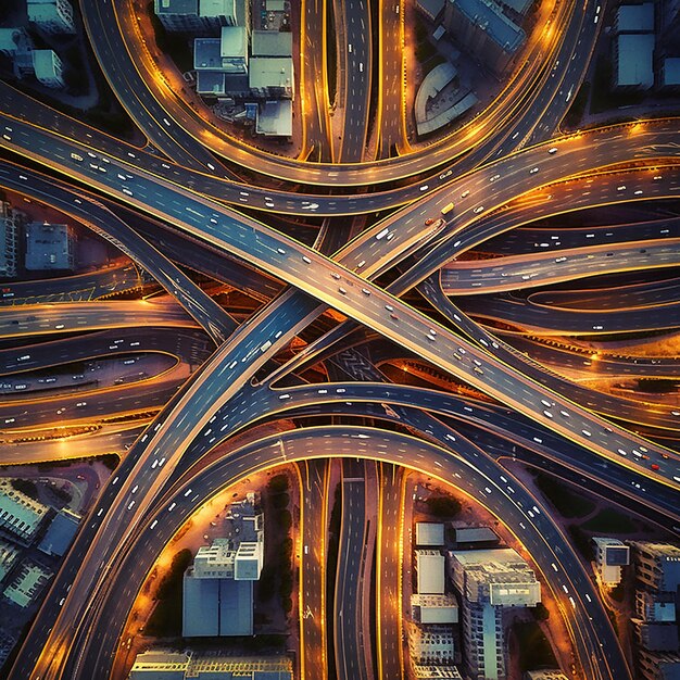 Photo an aerial view of a highway intersection with a cityscape in the background.