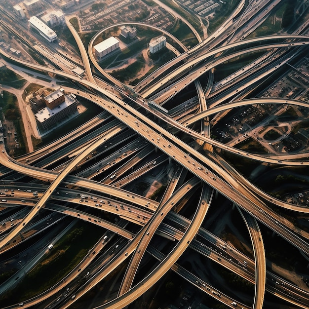 An aerial view of a highway intersection with a large intersection.