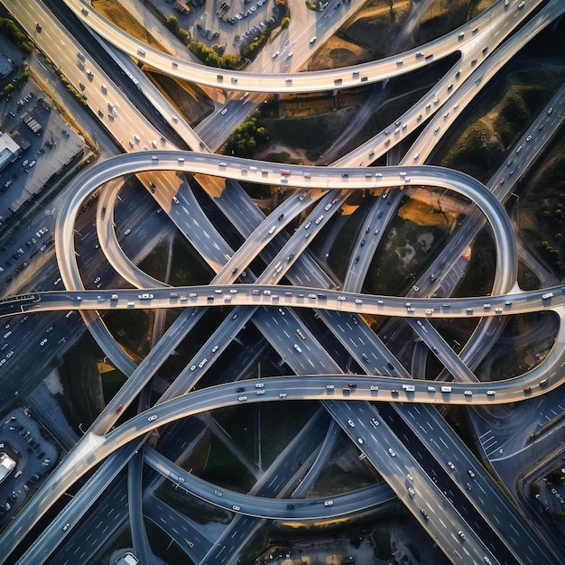 Photo an aerial view of a highway intersection with multiple lanes