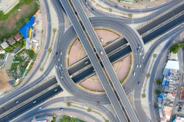 फोटो aerial view of highway junctions top view of urban city, bangkok, thailand.