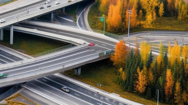 aerial view of highway and overpass in city on a cloudy day