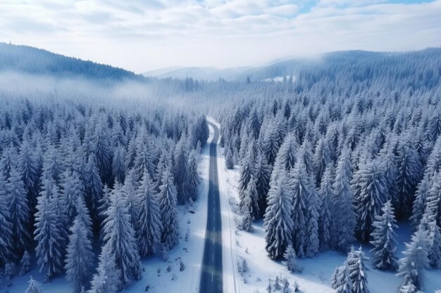 Взгляд с воздуха на шоссе через зимний лес, покрытый снегом Зимняя сезонная концепция