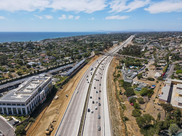 Aerial view of highway transportation, highway interchange and junction, San Diego