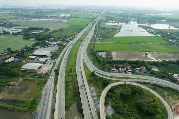 Aerial view of highway with car road top view transportation