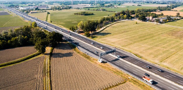 Aerial view of highway with flowing traffic