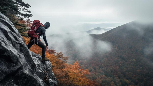 Photo an aerial view of a hiker climbing a mountain on a cloudy day