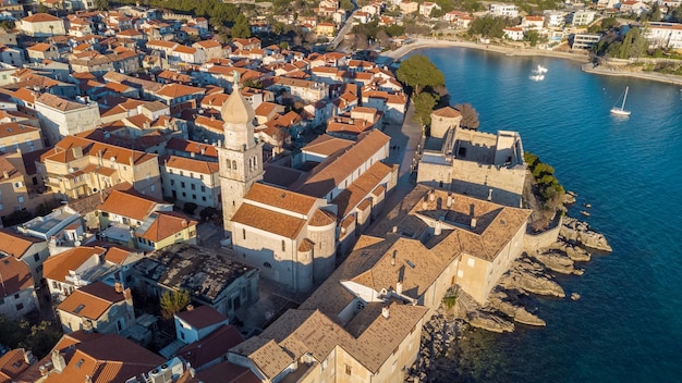 Aerial view of historic Adriatic town of Krk  Island of Krk Kvarner bay of Adriatic sea Croatia Europe