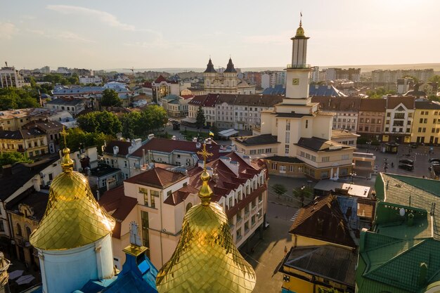 Aerial view of historic center of Ivano-Frankivsk city with old european architecture.