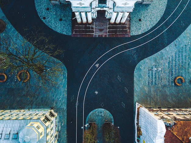 aerial view of historic church by road