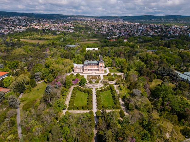 Aerial view of the historic Euxinograd palace in Varna Bulgaria Admire the grand architecture and lush gardens of this magnificent estate situated along the beautiful Black Sea coast