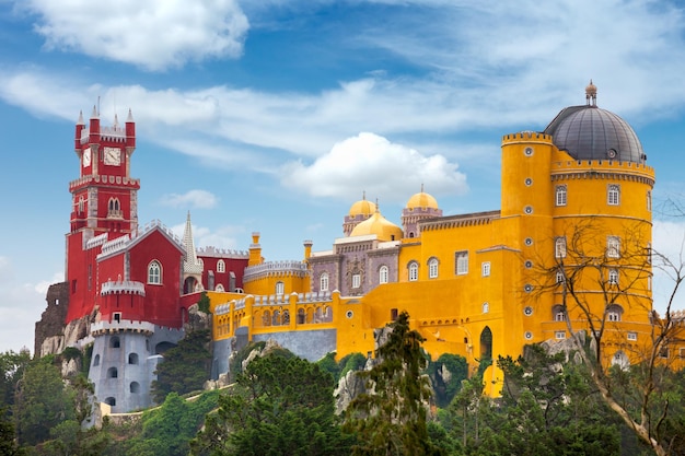 Aerial view of historic Palace of Pena and blue sky Sintra Lisboa Portugal Europe