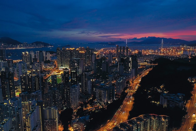 Aerial view of Hong Kong City at twilight time.