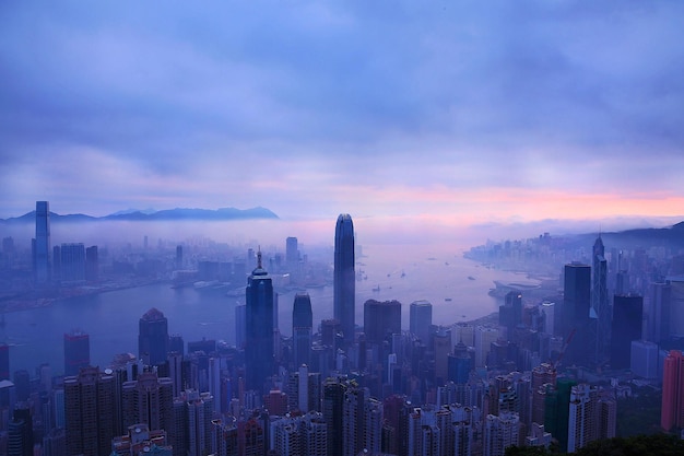 香港城市景觀在日落時的空中景色
