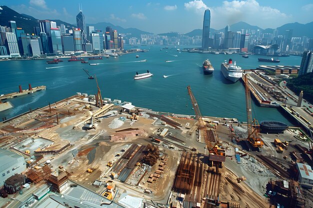 Aerial view of Hong Kong cityscape with cruise ship and skyscrapers