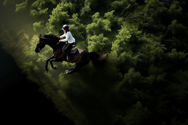 Foto vista aerea di un cavallo e di un cavaliere che saltano una siepe durante una caccia