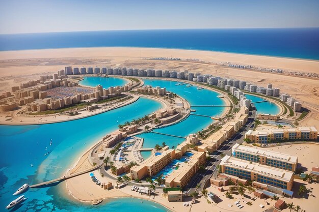 Aerial view on hotels near hurghada city from the airplane