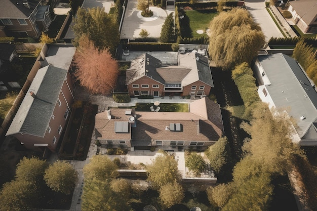 An aerial view of a house surrounded by trees generative AI