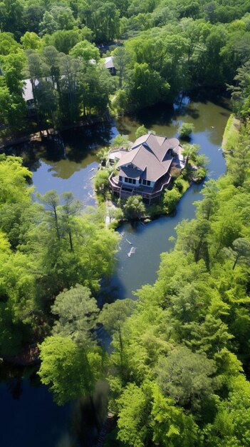 an aerial view of a house surrounded by trees