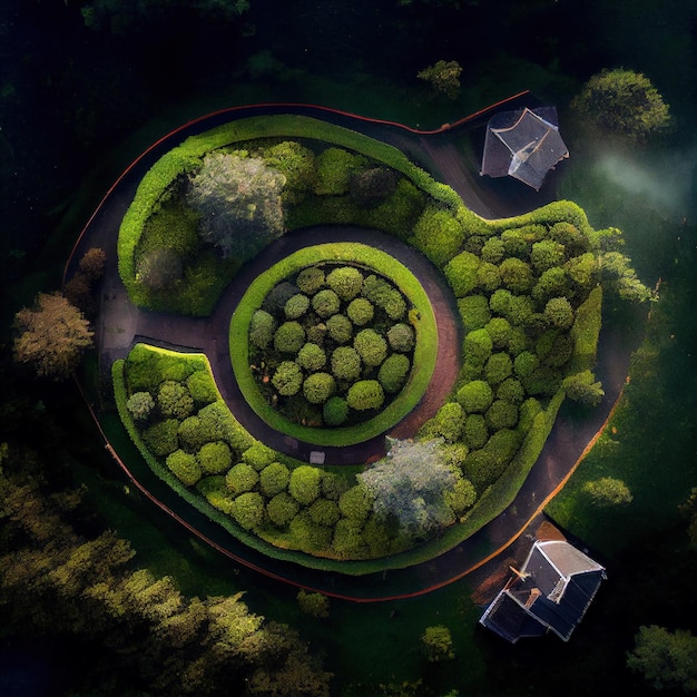 Aerial view of house with green lawn surrounded by forest Generative Ai