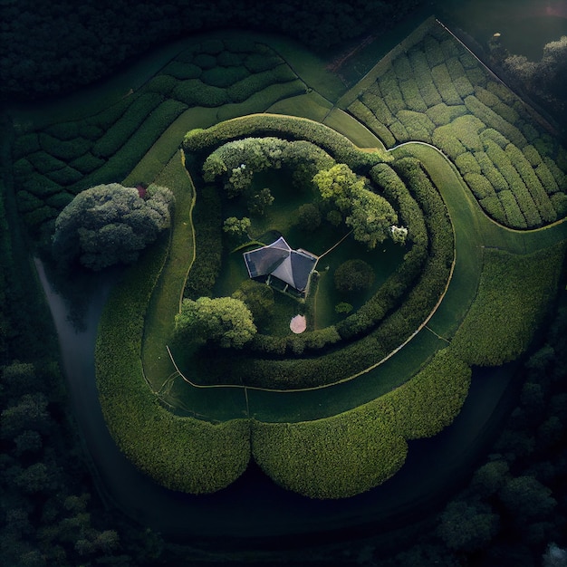 Aerial view of house with green lawn surrounded by forest Generative Ai