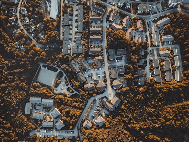 Aerial view of houses in beautiful residential neighbourhood during fall season in Finland