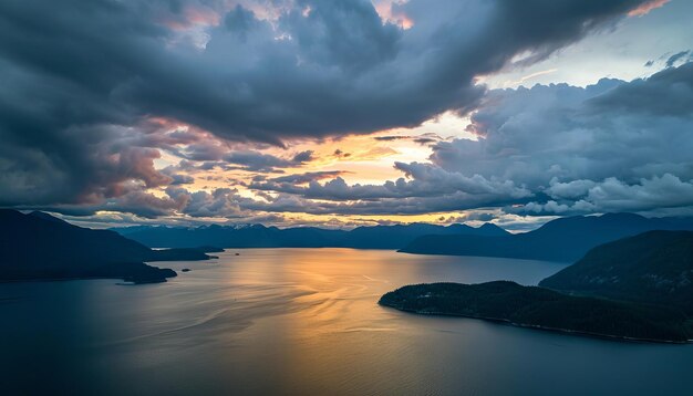 Aerial view of Howe Sound after a cloudy summer sunset