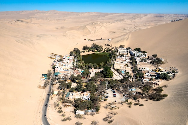 Aerial view of the Huacachina Oasis in the Atacama desert of Peru