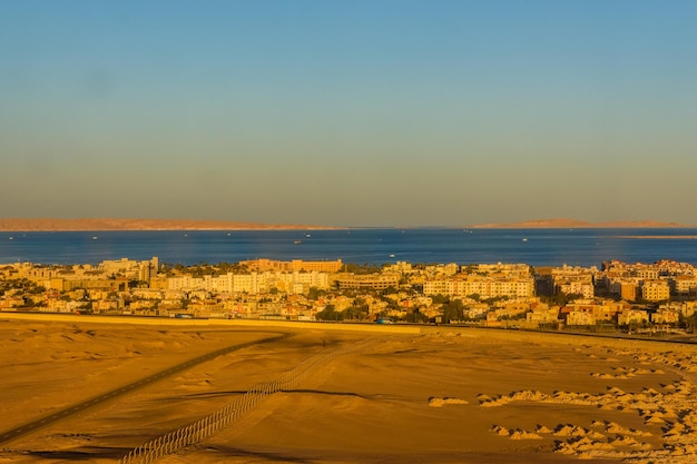 Aerial view on Hurghada city from the airplane