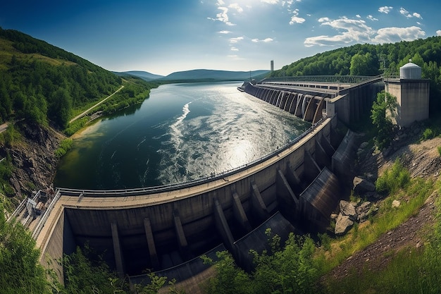 Aerial view of hydroelectric dam on the river