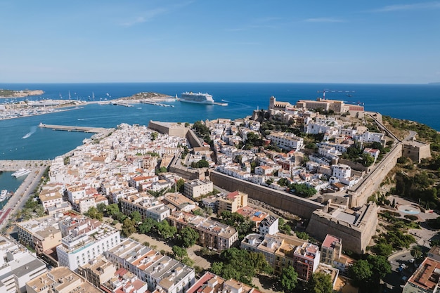 Aerial view of Ibiza Balearic Islands Spain Harbor waterfront and old town