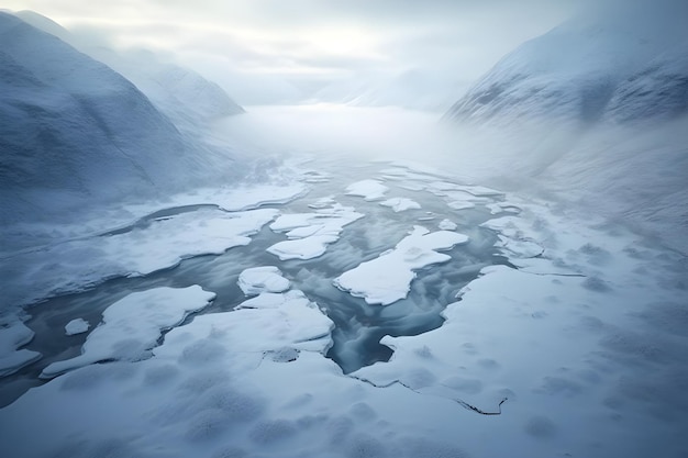 Aerial view of ice mountains glaciers in winter Ai generated