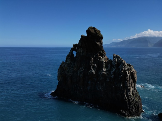 Aerial view at the Ilheus da Ribeira da Janela rocks in ocean on Madeira island Portugal