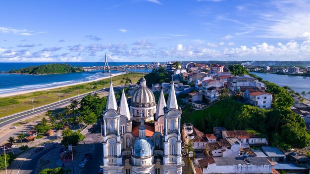 Aerial view of Ilheus tourist town in Bahia Historic city center with Catedral Sao Sebastiao