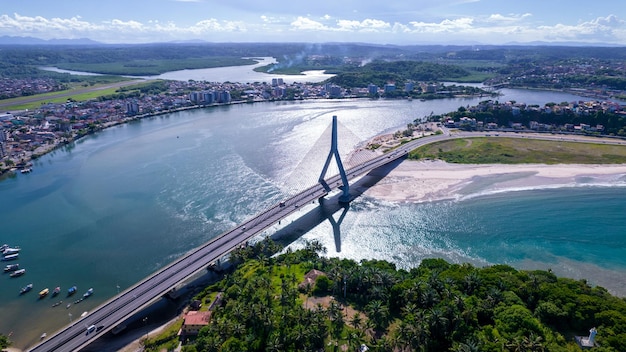 Aerial view of Ilheus tourist town in Bahia Historic city center with famous bridge in the background