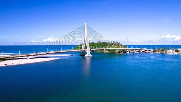 Aerial view of Ilheus tourist town in Bahia Historic city center with famous bridge in the background