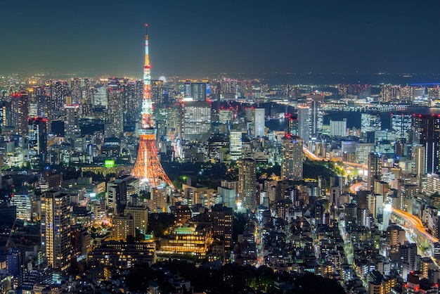 夜の街の照らされた建物の空中写真