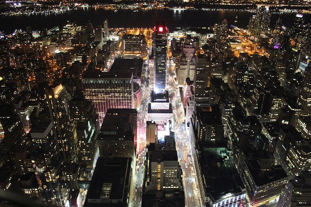 Aerial view of illuminated times square in nyc