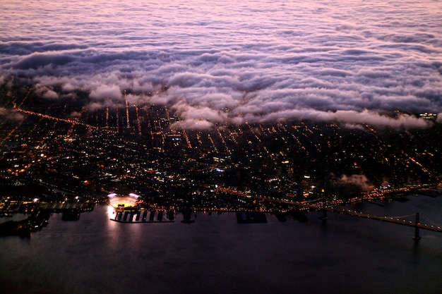 aerial view of illumninated san francisco waterfront
