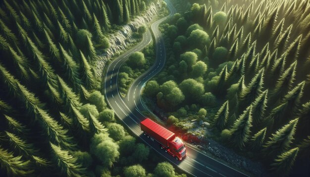 An aerial view illustration of a red heavy truck traveling on a narrow road