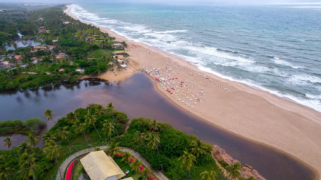 Imbassai 해변, Bahia, 브라질의 공중 전망. 강이 있는 북동쪽의 아름다운 해변