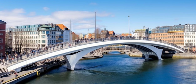 Aerial view over inderhavnsbroen the inner harbour bridge pedestrian and bicyclist bridge joining