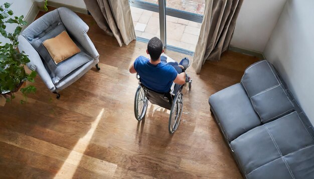 Photo aerial view of an individual in a living room back turned using a mobility aid navigating through sp...