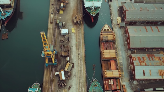 工業港の貨物船がドックで荷物を積み降ろしている空中写真