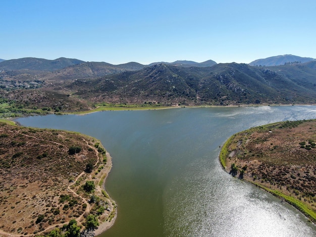 Aerial view of Inland Lake Hodges and Bernardo Mountain great hiking trail and water activity