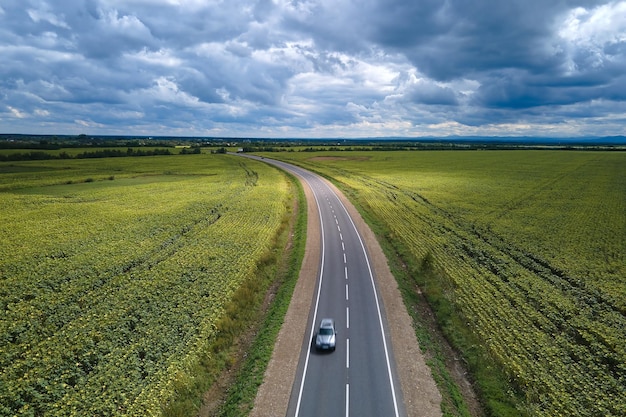 Вид с воздуха на междугороднюю дорогу между зелеными сельскохозяйственными полями с быстро едущим автомобилем Вид сверху с дрона на шоссе