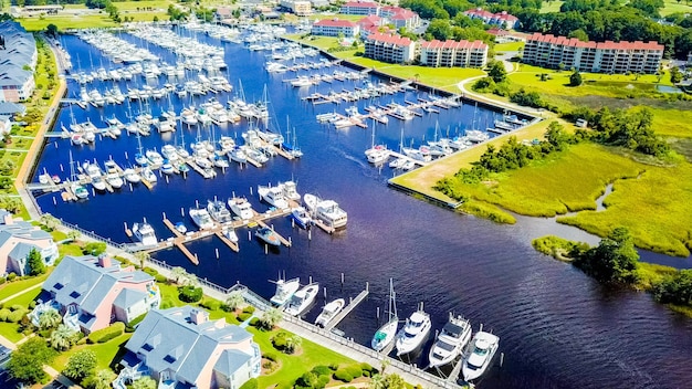 Aerial view of intercoastal marina in South Carolina.