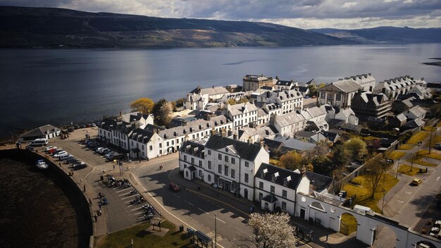 Aerial view of the Inveraray village in Hills of West Highlands Scotland