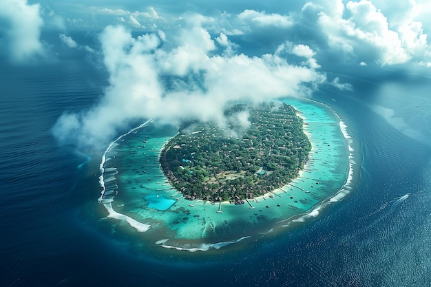 Aerial view of island in tropical ocean in sunny day