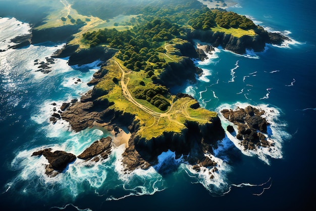 An aerial view of an island between two oceans