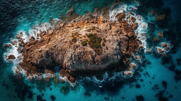 an aerial view of an island with a tree in the style of naturalistic ocean waves